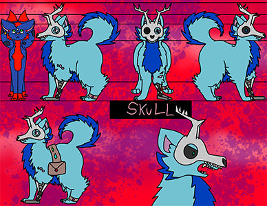 Character Sheet of a blue fox with a robotic front left leg and a skull on his head.
