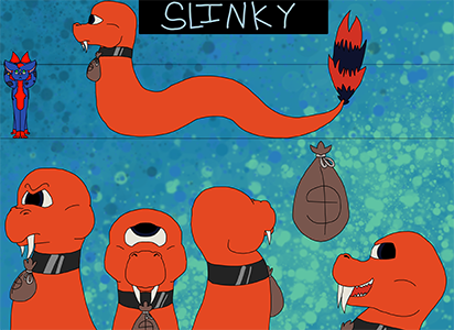 character sheet of an orange snake with a raccoon tail and a sack of money hung around his neck