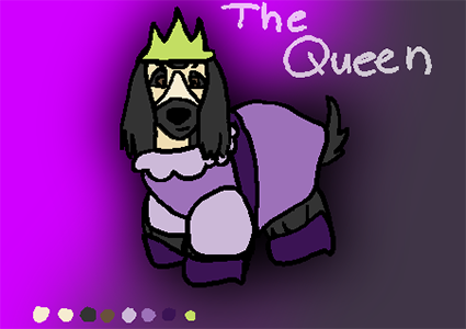 Image of a Webkinz-Style Afgan hound in a purple dress and a crown labeled as 'the queen'