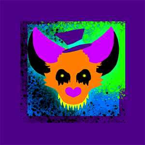 minimalist orange fox face with purple ears, black eyes and glowing yellow pupils