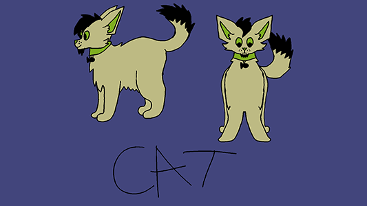 Sandy colored cartoon cat with black hair and green collar