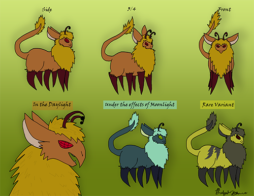 Design sheet of a lion-like creature with insect legs, eyes and antennea.