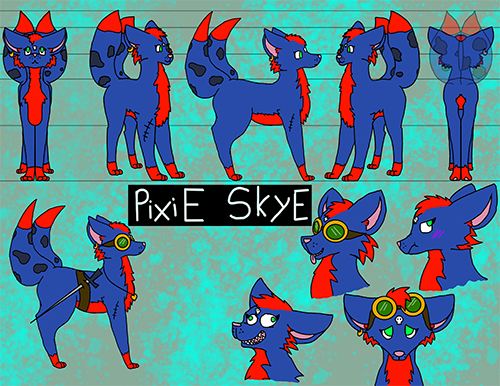 Design sheeto for Pixie Skye, a blue and red fox with two tails.